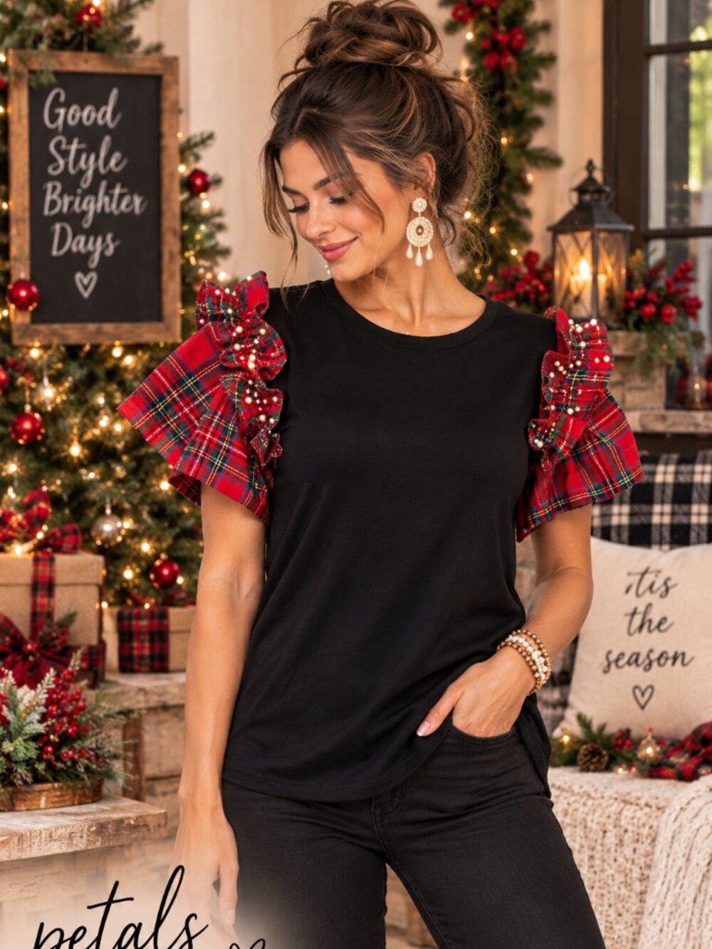 Plaid Ruffle Pearl Sleeve Black Top Large Christmas Holiday Statement Blouse